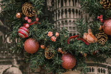 Christmas decor, wreath and Santa Christmas figurines