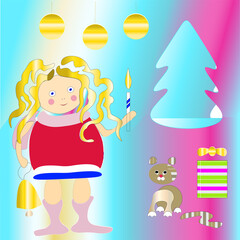 A girl with a bell and curly hair stands near a cat, a gift and a Christmas tree.