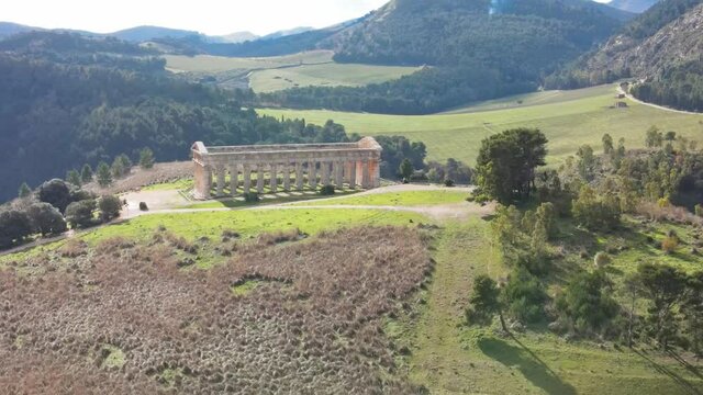 Temple of Segesta in the countryside of Sicily, Italy. Aerial view from drone