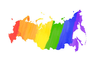 Detailed Russia country silhouette map in LGBT PRIDE rainbow colours on white
