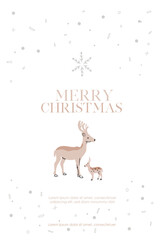 christmas card with reindeer and snow flakes . Winter holiday greetings vector graphic. Design template with text holder. Sweet hand-drawn illustration of deers. Text Logo template. Web Card Social SM