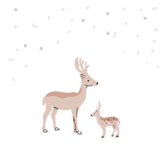 christmas card with reindeer and snow flakes . Winter holiday greetings vector graphic. Design template. Sweet hand-drawn illustration. Web Card Social SM Christmas New Year Hanukkah Peace Hope 