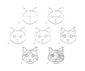 Page shows how to learn to draw sketch of cats head. Creation step by step pencil drawing. Educational page for artists. Textbook for developing artistic skills. Online education. Vector illustration