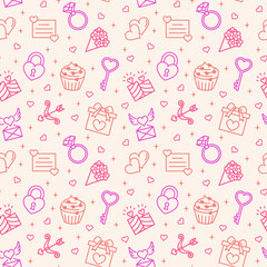 Seamless vector pattern Valentine's day. Symbols of love - heart, cupid, arrow, valentine, gift, ring, message. For fabric, paper, wrap, textile, poster, scrapbooking, wallpaper or background, for web