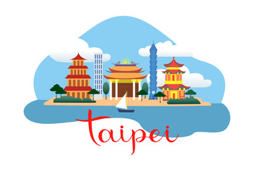 Naklejka premium Taipei flat drawing. Taipei flat illustration. Modern style Taipei city illustration. Hand sketched poster, banner, postcard, card for travel company, T-shirt, shirt. EPS 10 vector illustration