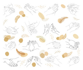 Silhouette Collection of human hands and plant leaves in a modern style with one line. Solid sketches of decor, posters, stickers, logo. Set of vector illustrations.