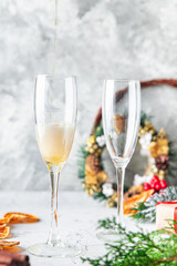 glass of champagne sparkling wine holiday christmas cocktail party mulled wine, grog wine spices new year drink sweet dessert copy space food background rustic. top view