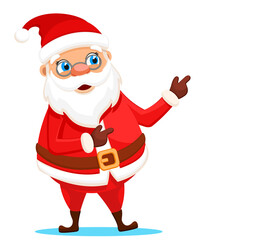 Santa Claus stands on a white and points the place