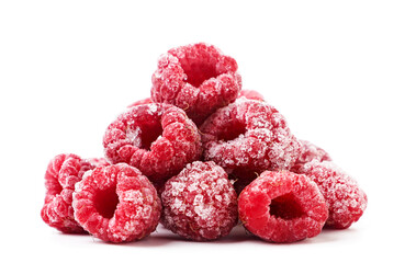 Heap frozen raspberries on a white background. Isolated