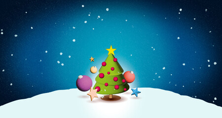 Colorful illustration with decorated Christmas tree standing on snow with a blue background with stars. Footage or motif for Christmas greeting card.