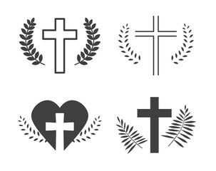 set of obituary ornaments, cross, heart and leaves- vector illustration - obrazy, fototapety, plakaty