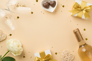 Top view photo of white gift boxes with gold bows wineglasses wine bottle sequins rattan hearts...