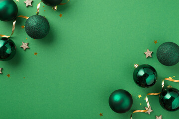 Top view photo of christmas decorations small glowing stars green balls golden star shaped confetti serpentine and sequins on isolated green background with copyspace