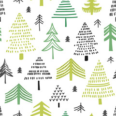 Seamless pattern  with  pine trees. Stylized forest background. Vector background in scandinavian style.