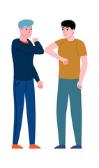 Men greeting with elbow bumps. Guys touching elbows