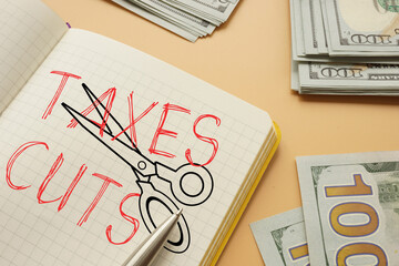 Tax cuts are shown on the business photo using the text