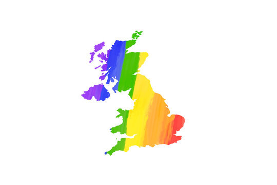 Detailed United Kingdom country silhouette map in LGBT PRIDE rainbow colours on white