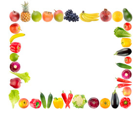Frame from bright and multi-colored vegetables and fruits isolated on white