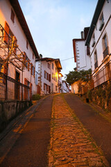 Fototapeta na wymiar calle atardecer de casas con ventanas rojas en sara pueblo vasco francés francia 4M0A7867-as21