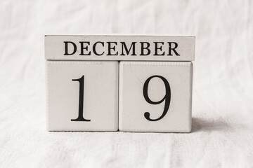 Save the date. December 19h. Day 19 of month, date calendar on white background.  White block...