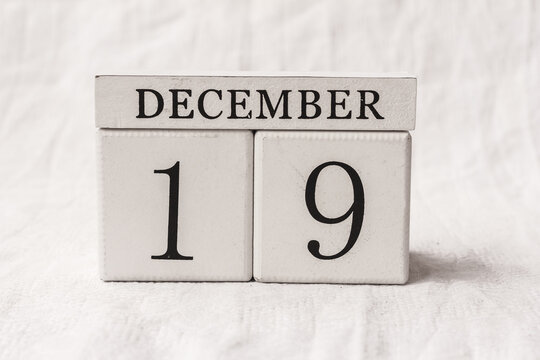 Save the date. December 19h. Day 19 of month, date calendar on white background.  White block calendar present date 19 and month December, Advent, special occasions, website events