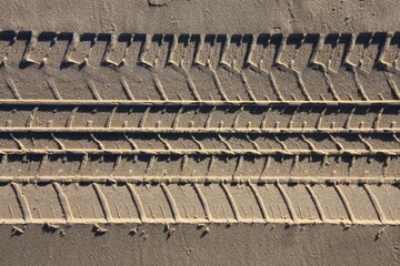 Car tyre tracks in the sand. Beach vehicle tracks.