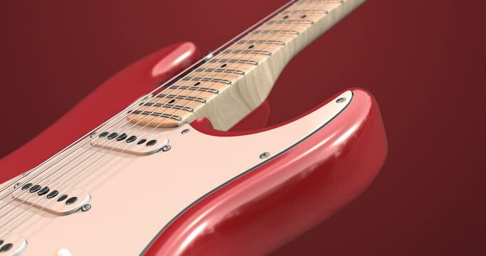 Closeup Metallic Red Electric Guitar Flying Slowly. Macro Shot With Depth Of Field. Art And Entertainment Related 4K 3D Motion Graphics.