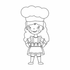 Coloring page outline of cartoon girl chef with cupcakes