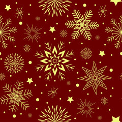 Fototapeta na wymiar seamless pattern on a burgundy background yellow snowflakes