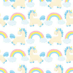 Vector seamless pattern with cute unicorns, rainbows and clouds. Childish hand drawn background for fabric, textile, wrapping paper. 