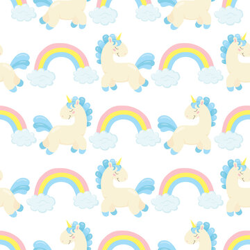 Vector seamless pattern with cute unicorns, rainbows and clouds. Childish hand drawn background for fabric, textile, wrapping paper. 