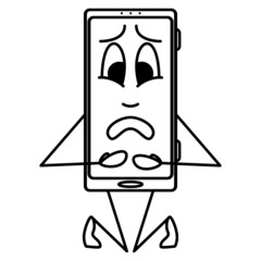 The smartphone is sick, kneeling and holding his stomach. Stylization, a humanoid smartphone with an emotion on the display. Vector icon, outline, cartoon, isolated