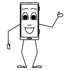 The smartphone greets, wide open mouth and eyes, waving his hand. A stylized smartphone with an emotion on the display. Vector icon, outline, cartoon, isolated