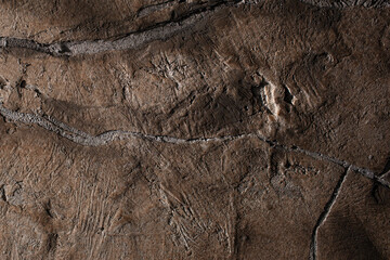 Brown textured clay wall design with cracks and imperfections. Wall design ideas in contemporary interior.