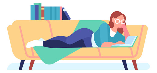 Reading woman laying on couch. Book lover leisure time