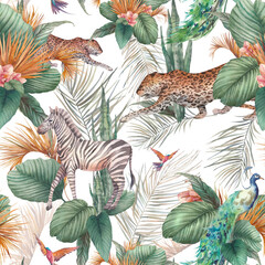 Watercolor tropical seamless pattern. Palm tree foliage and wild animals texture.