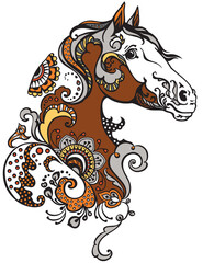 head of chestnut pinto horse. Floral style. Mehndi henna tattoo. Isolated vector illustration