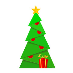 Green christmas paper tree with golden star on top, balls and gift