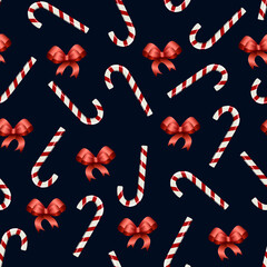 Fototapeta na wymiar Christmas decor in a seamless pattern.Christmas decor from candies and bows in a seamless vector pattern.