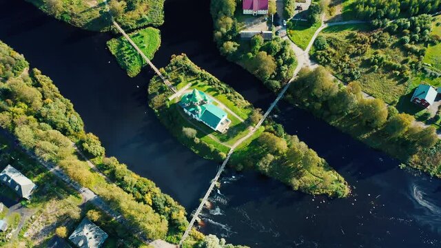 Aerial view of the Orthodox Church located on the tiny island in the town of Olonets in Russia