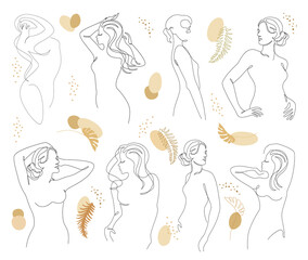 Collection. Silhouettes of the figure of a girl and a leaf of a plant in a modern one-line style. Solid line, aesthetic outline for home decor, posters, stickers, logo. Vector illustration set.