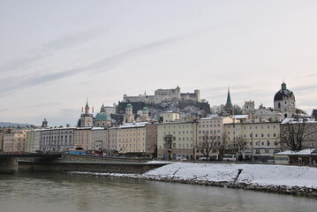Fototapeta premium Salzburg (Austria) ,fortress, city center main attractions in winter