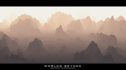 Abstract beige landscape with misty fog till horizon over mountain slopes. Gradient eroded terrain surface. Worlds beyond.