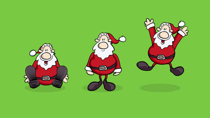 Isolated Xmas Cartoon with jumping Santa Claus with a red dress and white beard on a green background. Footage or motif for Christmas greeting card.
