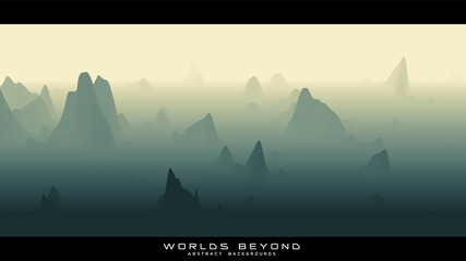 Fototapeta na wymiar Abstract green landscape with misty fog till horizon over mountain slopes. Gradient eroded terrain surface. Worlds beyond.