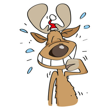 Cartoon of laughing, cheerful reindeer Rudy as xmas character isolated on a white background to be used as seasonal Christmas greeting card. Footage.