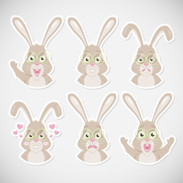 Cute cartoon bunny emoticon set