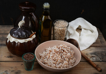 traditional russian food - barley porridge with flax seed still life