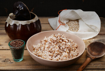 traditional russian food - barley porridge with flax seed