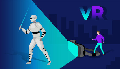 A man enters virtual reality using VR glasses. Upgrade. In different worlds. Vector flat illustration